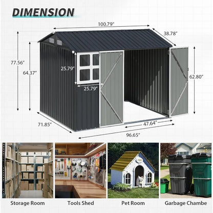 8x6FT Outdoor Storage Shed, Galvanized Steel Metal Garden Shed with Large Window, Lockable Double Door, Outdoor Tool Shed for B
