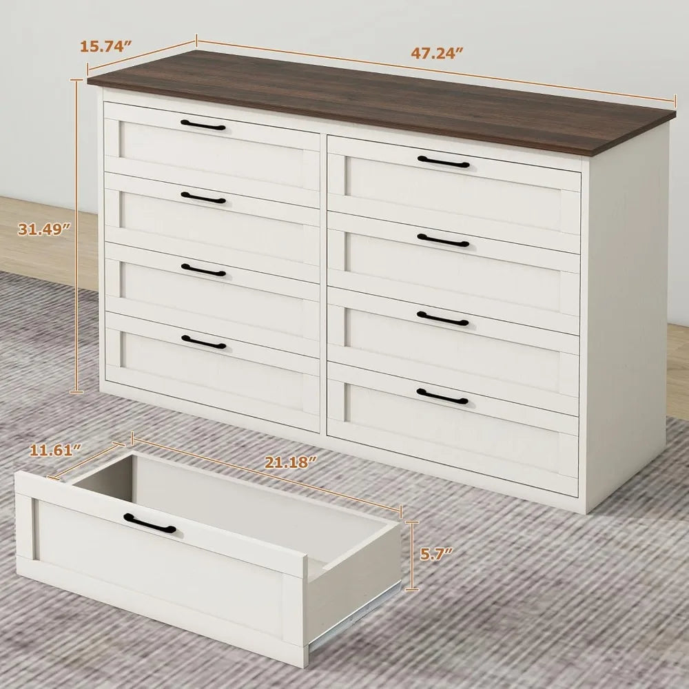 8 Drawer Dresser for Bedroom, White Dresser Wide Chest of Drawers, Farmhouse Wood Dresser with Vintage Handle