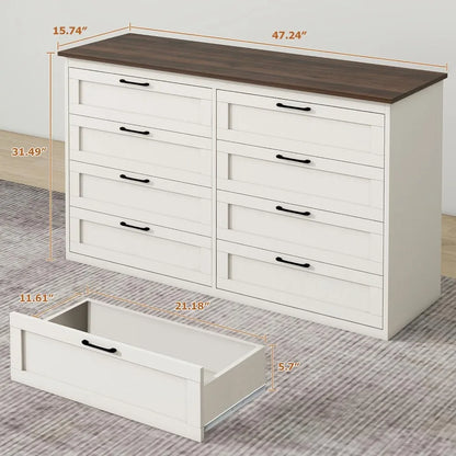 8 Drawer Dresser for Bedroom, White Dresser Wide Chest of Drawers, Farmhouse Wood Dresser with Vintage Handle