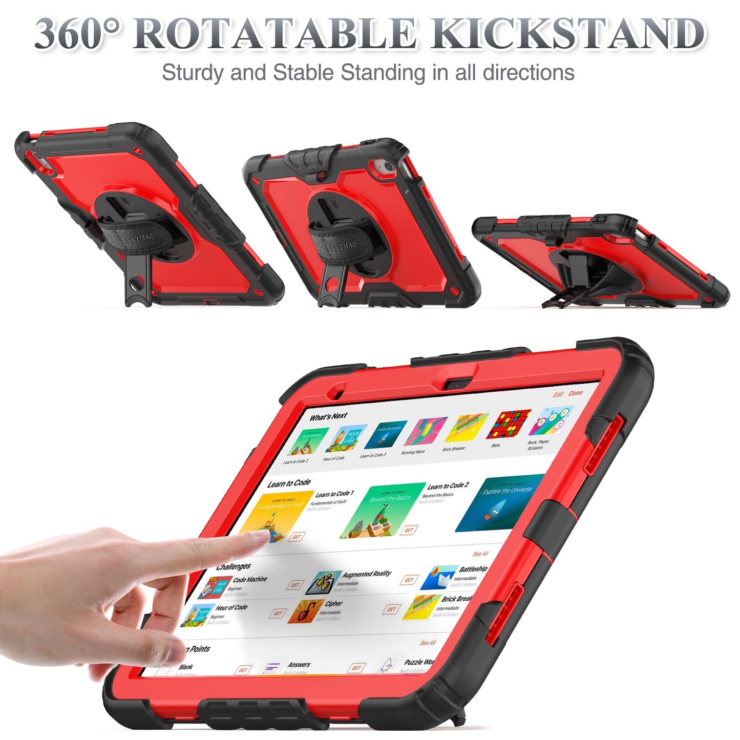 SEYMAC stock Case for iPad (A16) 11th/10th Generation 11''/10.9'' 2025/2022, Full-Body Drop Protection Case with Screen Protector &360° Rotate Hand Strap/Stand, Black