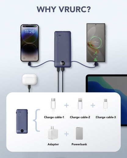 Portable Charger Built-in Cables and AC Wall Plug, VRURC USB C Power Bank 10000mAh, Travel Battery Portable Phone Charger Compact Lightweight External Battery Pack for SmartPhones,Tablets-Viva Magenta