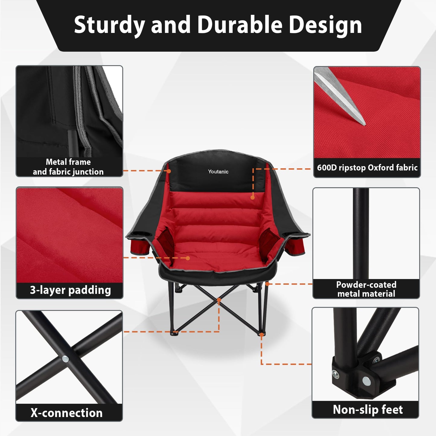 Oversized Camping Chair, Portable Folding Camping Chairs with Side Pocket, Cup Holder and Carry Bag, Heavy Duty Outdoor Camping Chairs for Adults, Fishing, Sports, Trip, up to 400lbs, Style 4