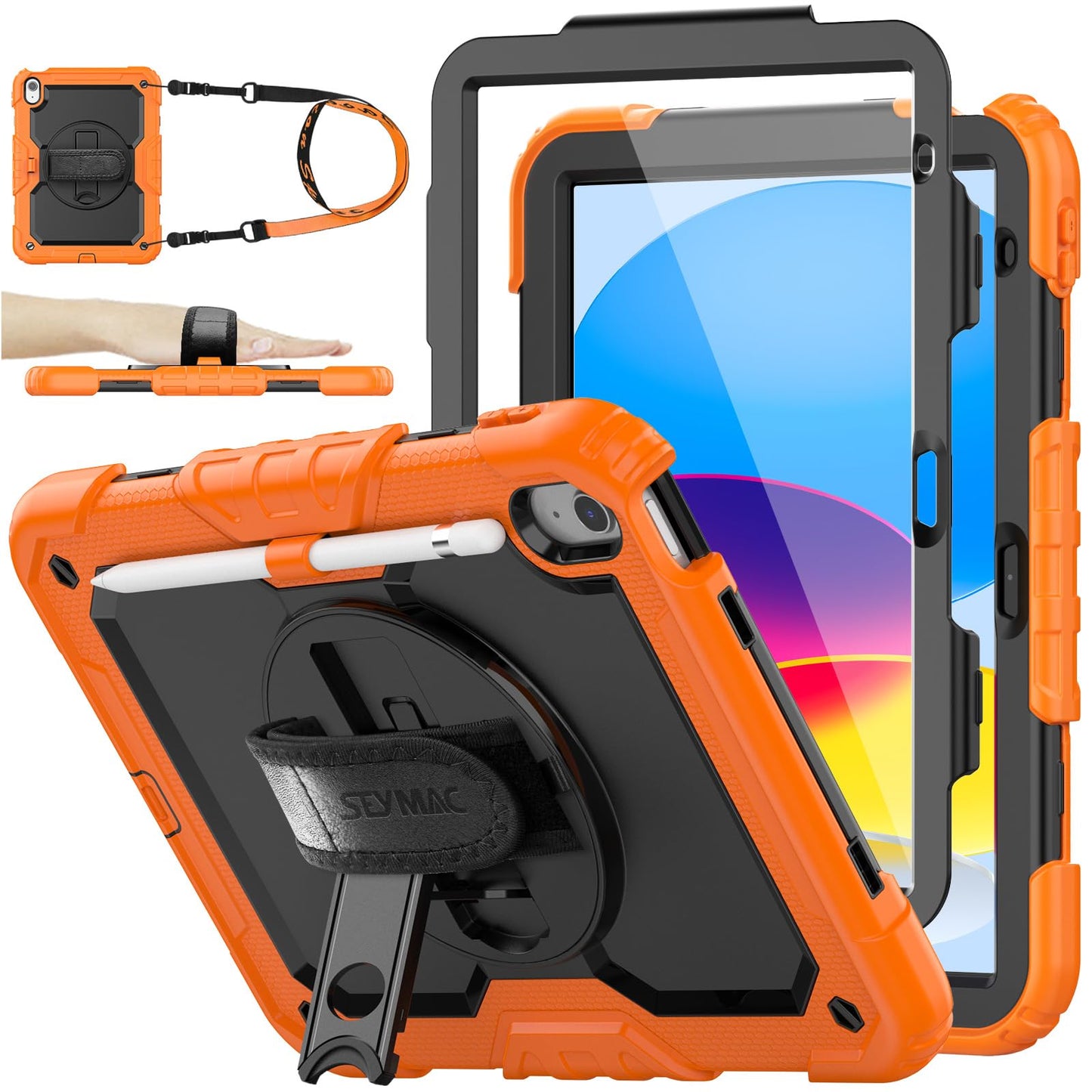 SEYMAC stock Case for iPad (A16) 11th/10th Generation 11''/10.9'' 2025/2022, Full-Body Drop Protection Case with Screen Protector &360° Rotate Hand Strap/Stand, Black