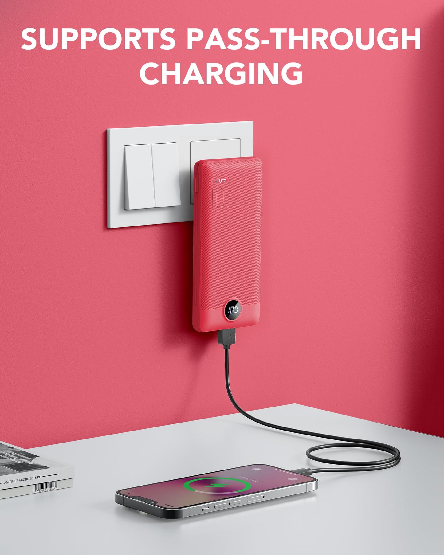 Portable Charger Built-in Cables and AC Wall Plug, VRURC USB C Power Bank 10000mAh, Travel Battery Portable Phone Charger Compact Lightweight External Battery Pack for SmartPhones,Tablets-Viva Magenta