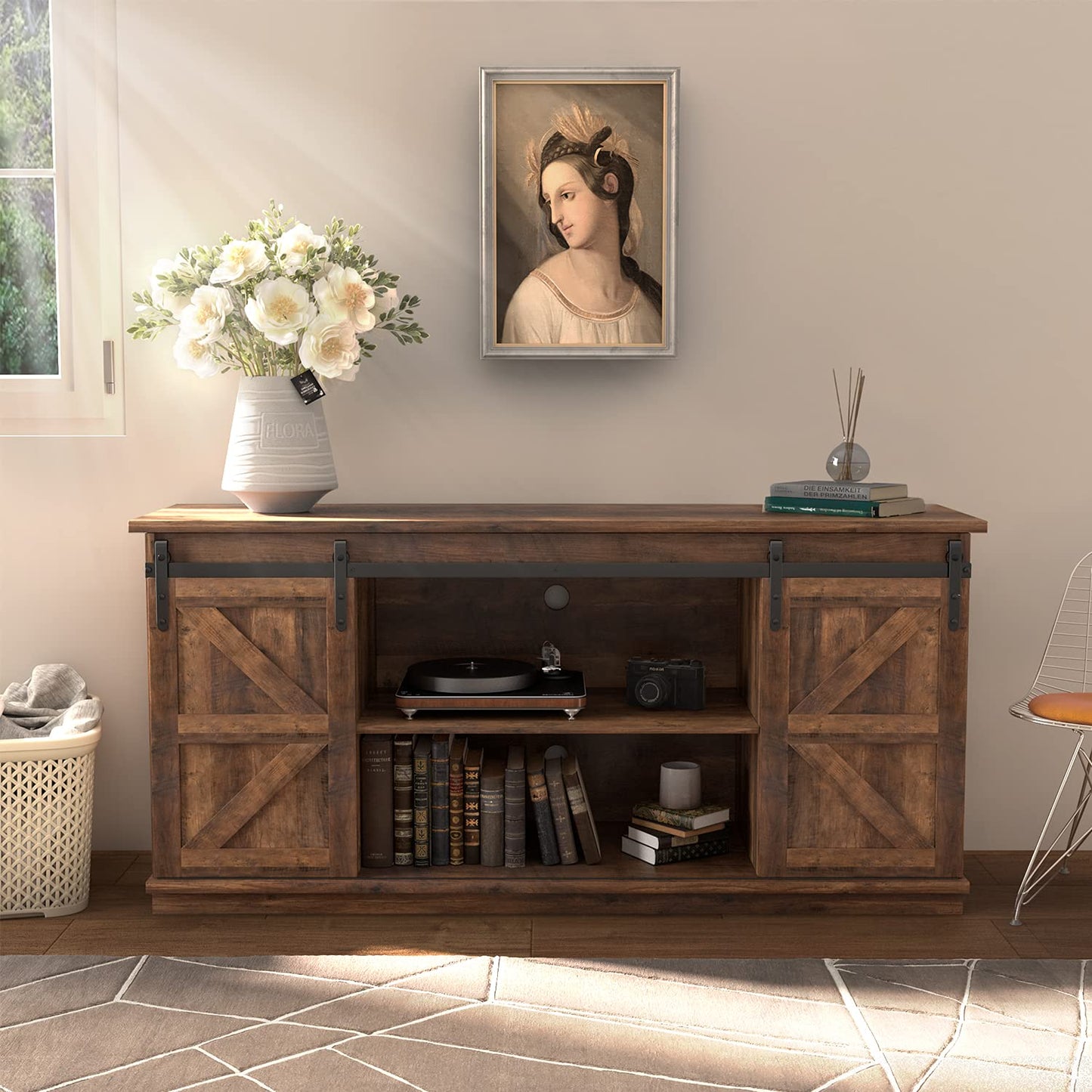 JUMMICO TV Stand for 65 Inch TV, Entertainment Center with Storage Cabinets and Sliding Barn Doors, Mid Century Modern Media TV Console Table for Living Room Bedroom (Rustic Oak)