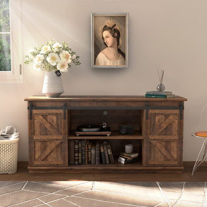 JUMMICO TV Stand for 65 Inch TV, Entertainment Center with Storage Cabinets and Sliding Barn Doors, Mid Century Modern Media TV Console Table for Living Room Bedroom (Rustic Oak)