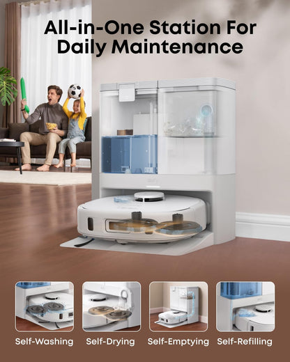 eufy X10 Pro Omni Robot Vacuum and Mop with 8,000 Pa Suction, Dual Mops with 12 mm Auto-Lift and Carpet Detection, AI Obstacle Avoidance, Auto Mop Washing, Auto Drying, Self-Emptying, White