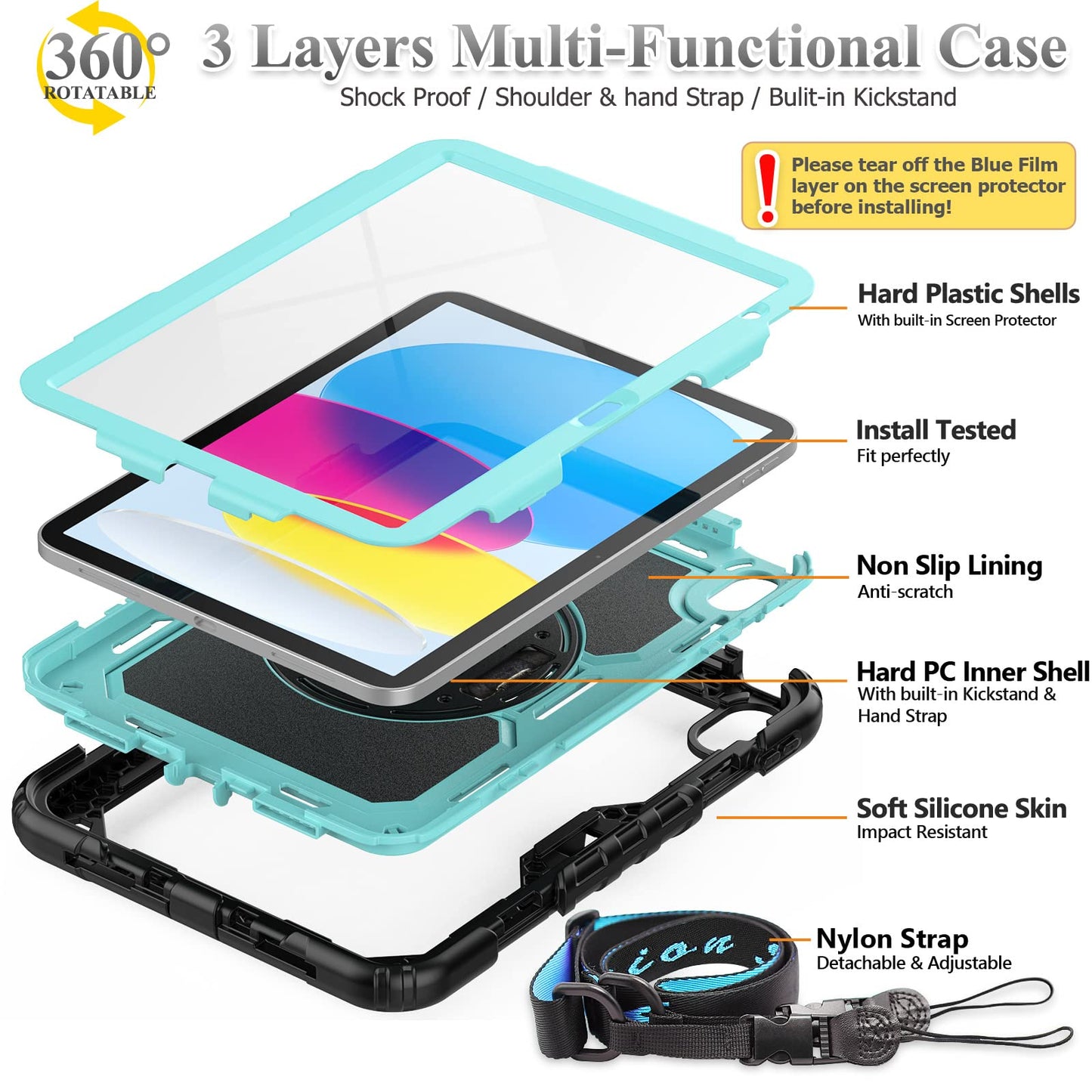 SEYMAC stock Case for iPad (A16) 11th/10th Generation 11''/10.9'' 2025/2022, Full-Body Drop Protection Case with Screen Protector &360° Rotate Hand Strap/Stand, Black