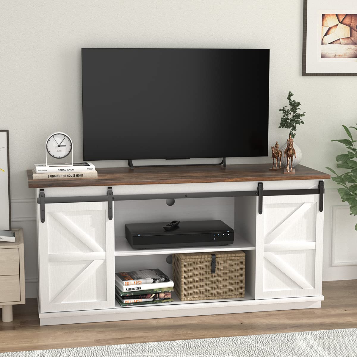 JUMMICO TV Stand for 65 Inch TV, Entertainment Center with Storage Cabinets and Sliding Barn Doors, Mid Century Modern Media TV Console Table for Living Room Bedroom (Rustic Oak)