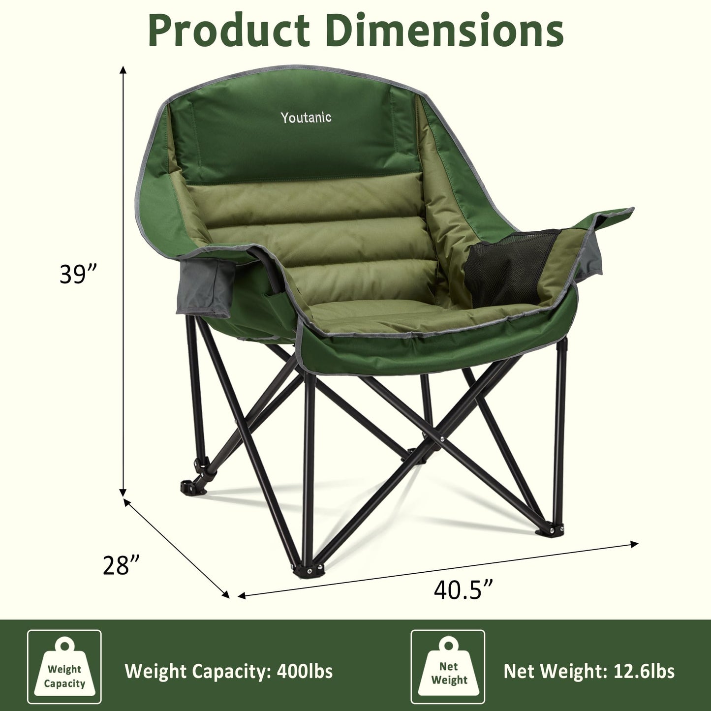 Oversized Camping Chair, Portable Folding Camping Chairs with Side Pocket, Cup Holder and Carry Bag, Heavy Duty Outdoor Camping Chairs for Adults, Fishing, Sports, Trip, up to 400lbs, Style 4
