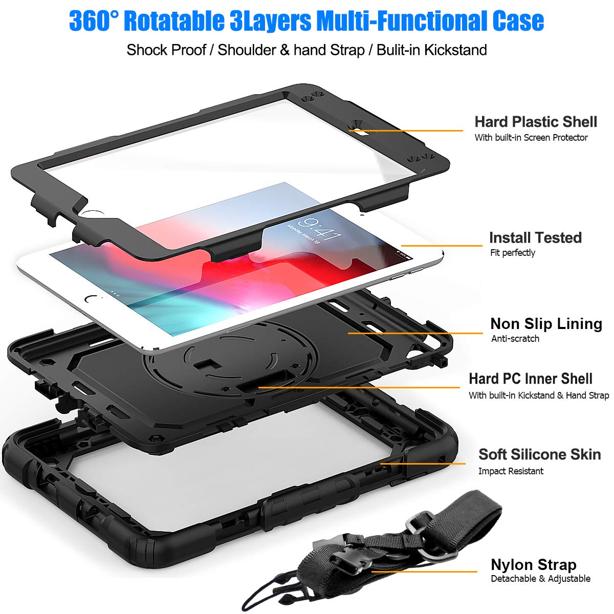 SEYMAC stock Case for iPad (A16) 11th/10th Generation 11''/10.9'' 2025/2022, Full-Body Drop Protection Case with Screen Protector &360° Rotate Hand Strap/Stand, Black