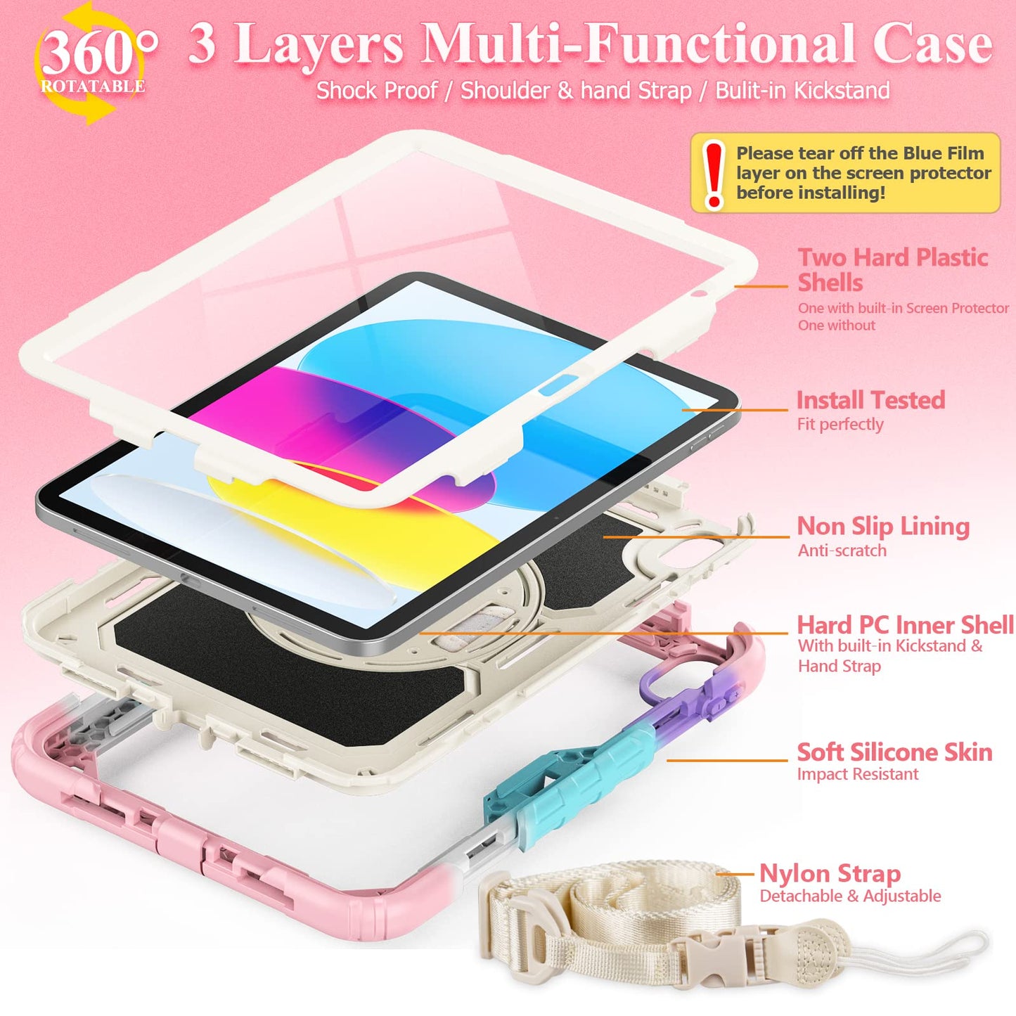 SEYMAC stock Case for iPad (A16) 11th/10th Generation 11''/10.9'' 2025/2022, Full-Body Drop Protection Case with Screen Protector &360° Rotate Hand Strap/Stand, Black