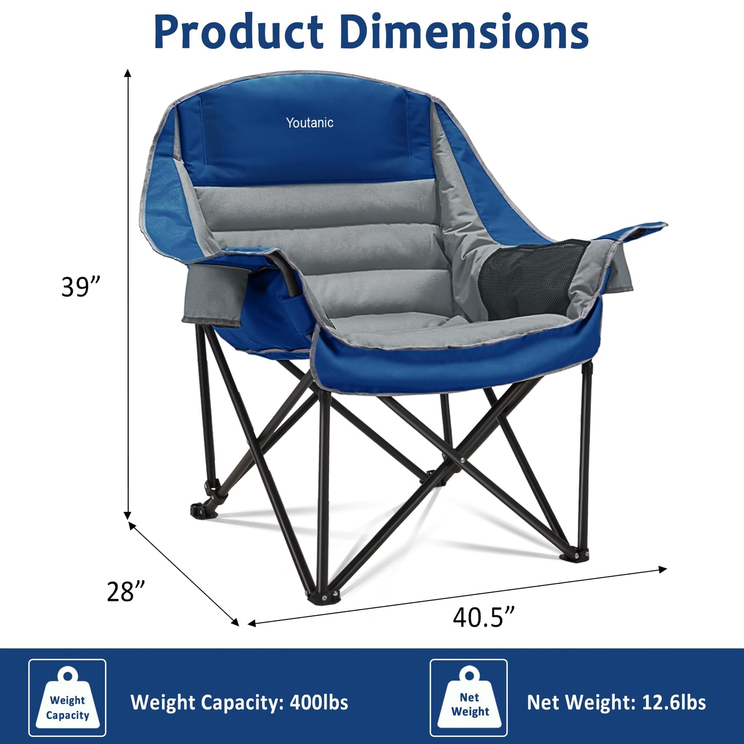 Oversized Camping Chair, Portable Folding Camping Chairs with Side Pocket, Cup Holder and Carry Bag, Heavy Duty Outdoor Camping Chairs for Adults, Fishing, Sports, Trip, up to 400lbs, Style 4
