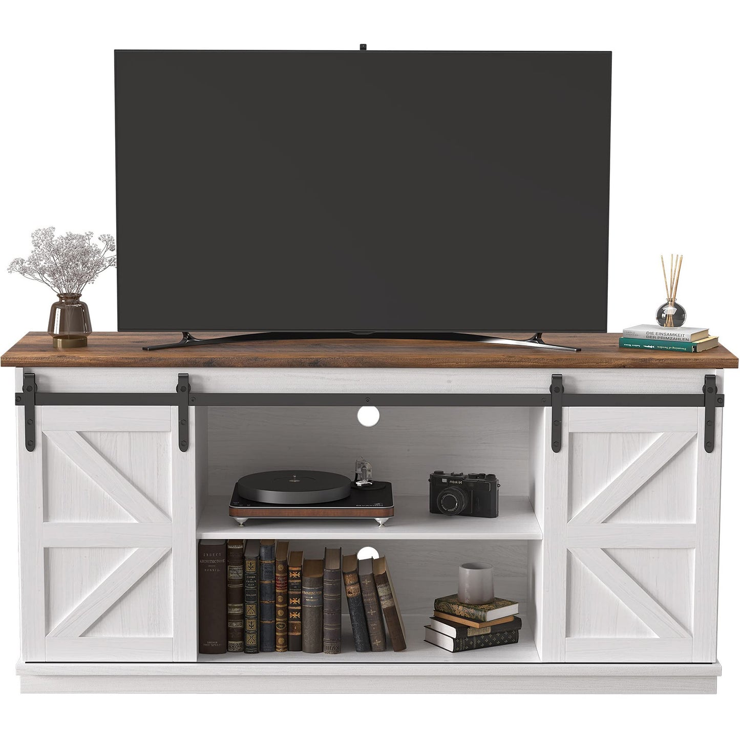 JUMMICO TV Stand for 65 Inch TV, Entertainment Center with Storage Cabinets and Sliding Barn Doors, Mid Century Modern Media TV Console Table for Living Room Bedroom (Rustic Oak)