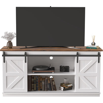 JUMMICO TV Stand for 65 Inch TV, Entertainment Center with Storage Cabinets and Sliding Barn Doors, Mid Century Modern Media TV Console Table for Living Room Bedroom (Rustic Oak)