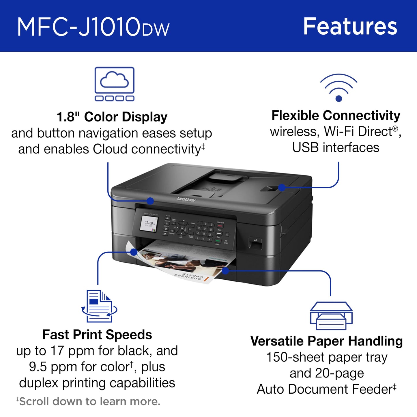 Brother Work Smart 1360 Wireless Color Inkjet All-in-One Printer with Automatic Duplex Printing and 1.8” Color Display | Includes Refresh Subscription Trial(1) (MFC-J1360DW) (Uses LC501 Series Inks)