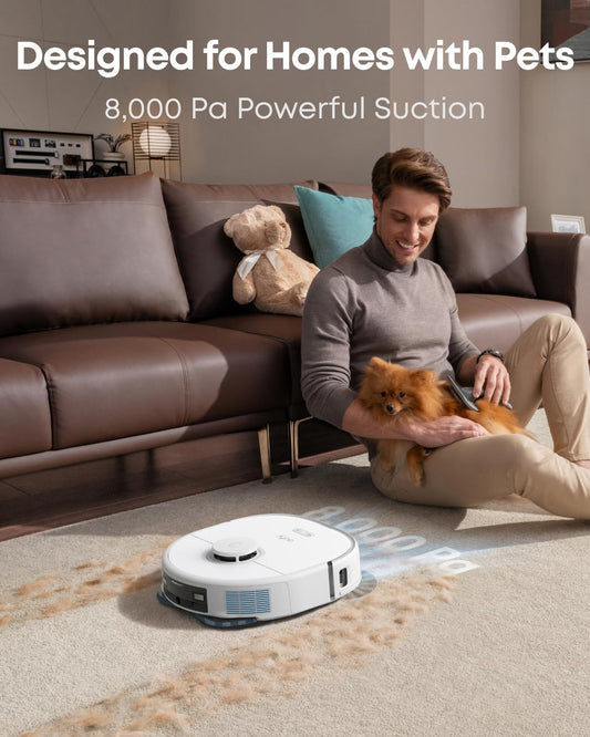 eufy X10 Pro Omni Robot Vacuum and Mop with 8,000 Pa Suction, Dual Mops with 12 mm Auto-Lift and Carpet Detection, AI Obstacle Avoidance, Auto Mop Washing, Auto Drying, Self-Emptying, White