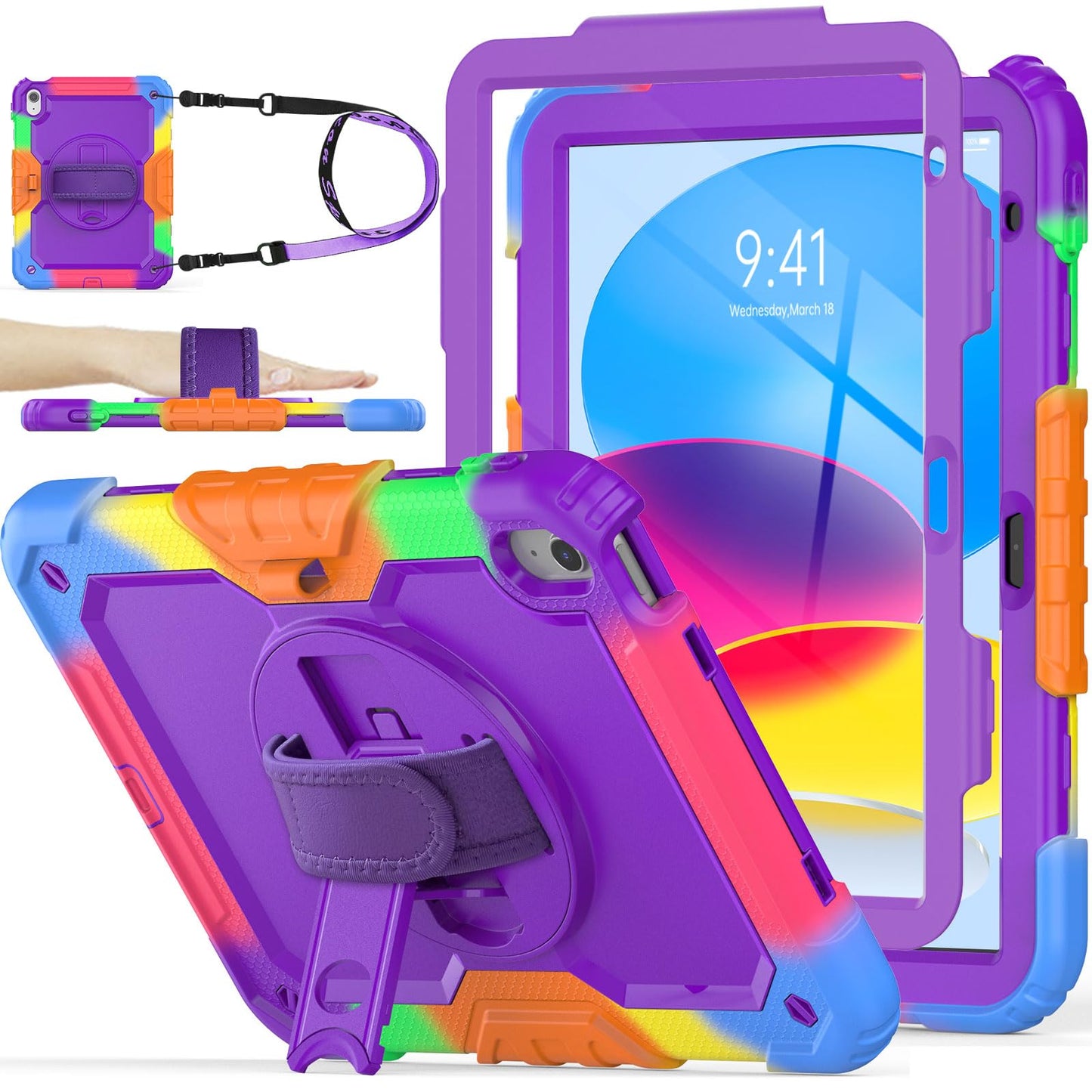 SEYMAC stock Case for iPad (A16) 11th/10th Generation 11''/10.9'' 2025/2022, Full-Body Drop Protection Case with Screen Protector &360° Rotate Hand Strap/Stand, Black