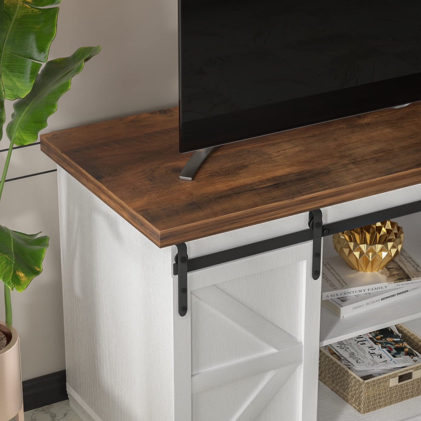 JUMMICO TV Stand for 65 Inch TV, Entertainment Center with Storage Cabinets and Sliding Barn Doors, Mid Century Modern Media TV Console Table for Living Room Bedroom (Rustic Oak)