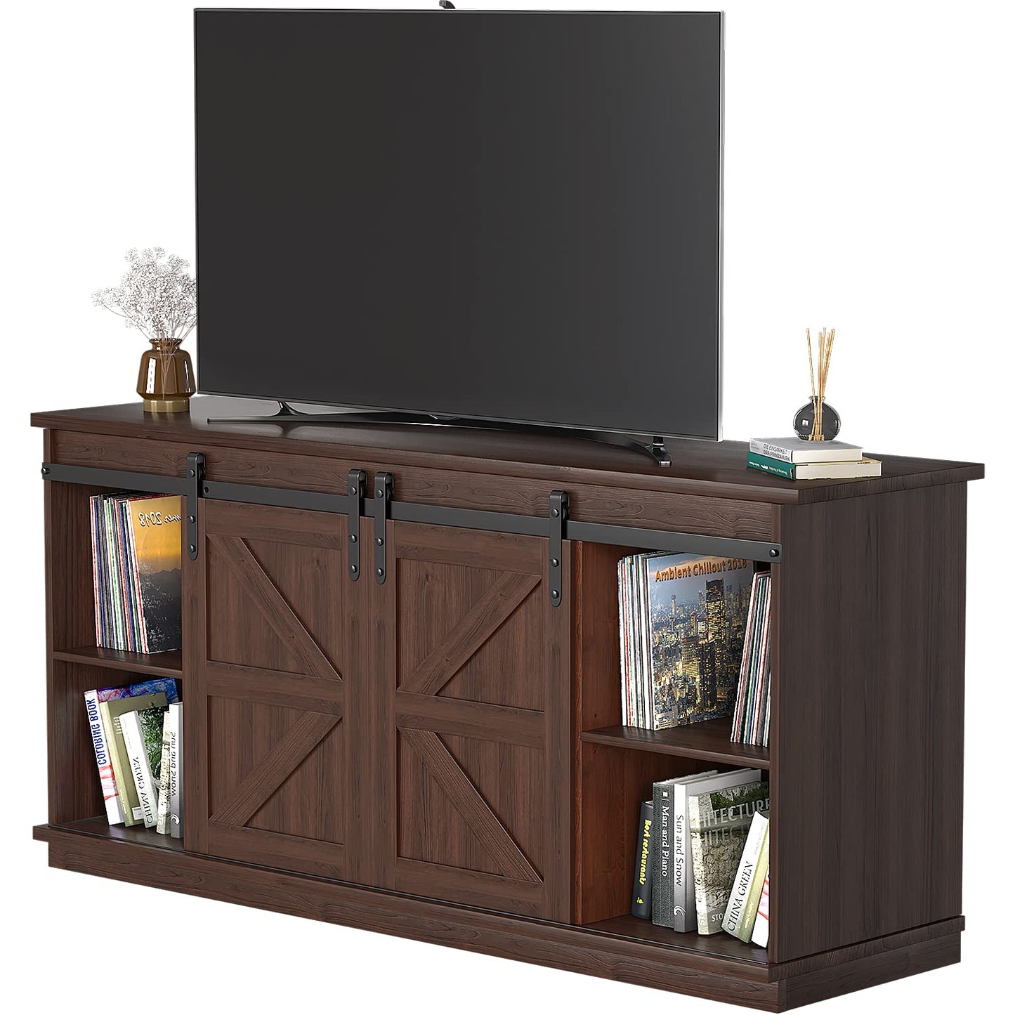 JUMMICO TV Stand for 65 Inch TV, Entertainment Center with Storage Cabinets and Sliding Barn Doors, Mid Century Modern Media TV Console Table for Living Room Bedroom (Rustic Oak)