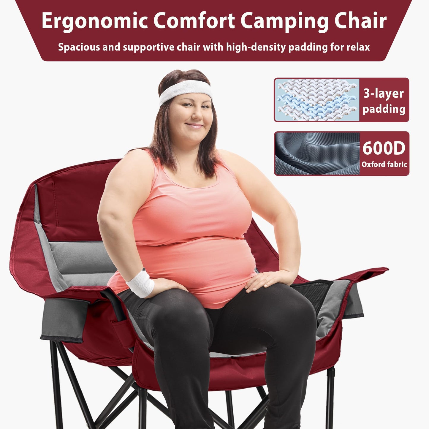 Oversized Camping Chair, Portable Folding Camping Chairs with Side Pocket, Cup Holder and Carry Bag, Heavy Duty Outdoor Camping Chairs for Adults, Fishing, Sports, Trip, up to 400lbs, Style 4