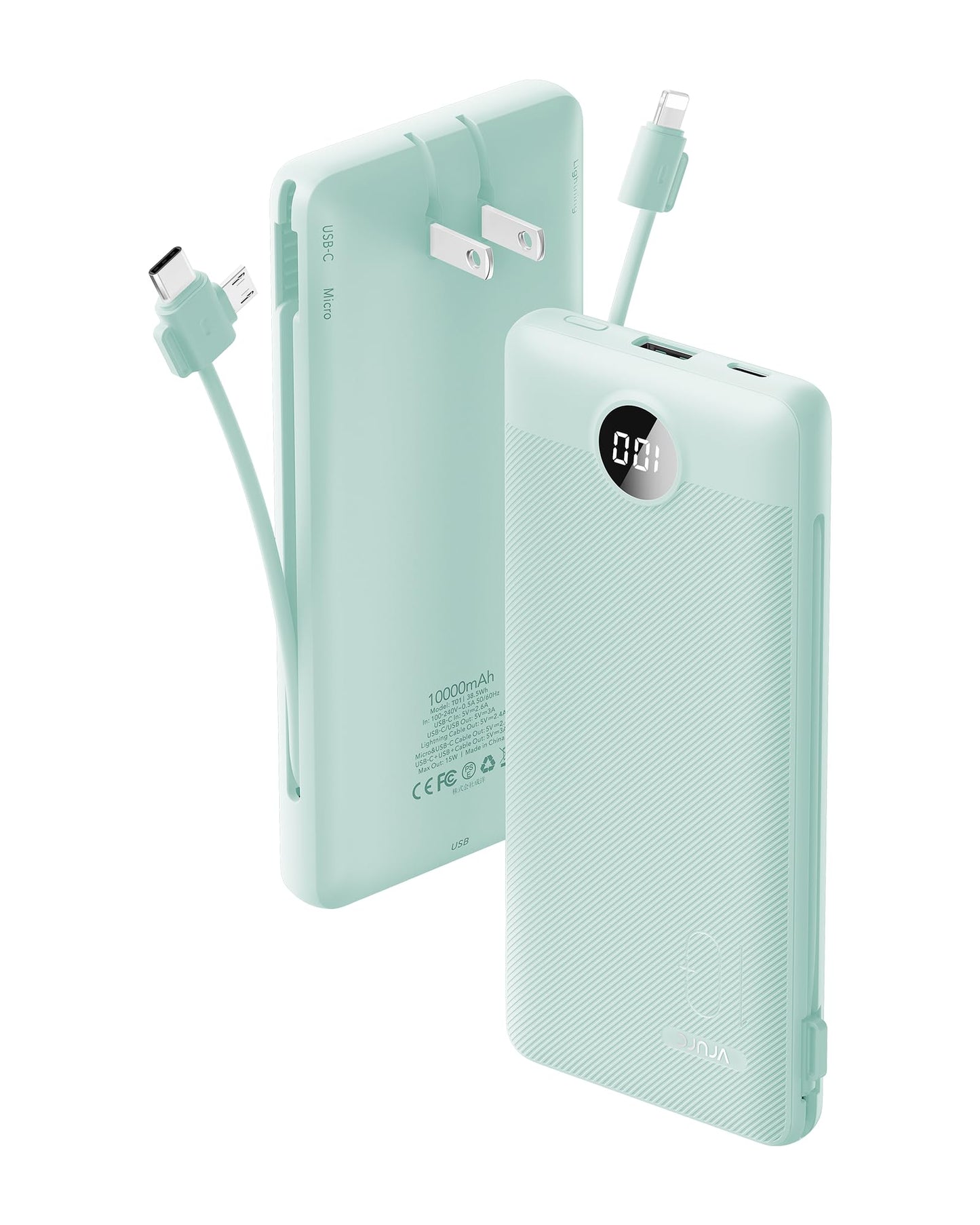 Portable Charger Built-in Cables and AC Wall Plug, VRURC USB C Power Bank 10000mAh, Travel Battery Portable Phone Charger Compact Lightweight External Battery Pack for SmartPhones,Tablets-Viva Magenta