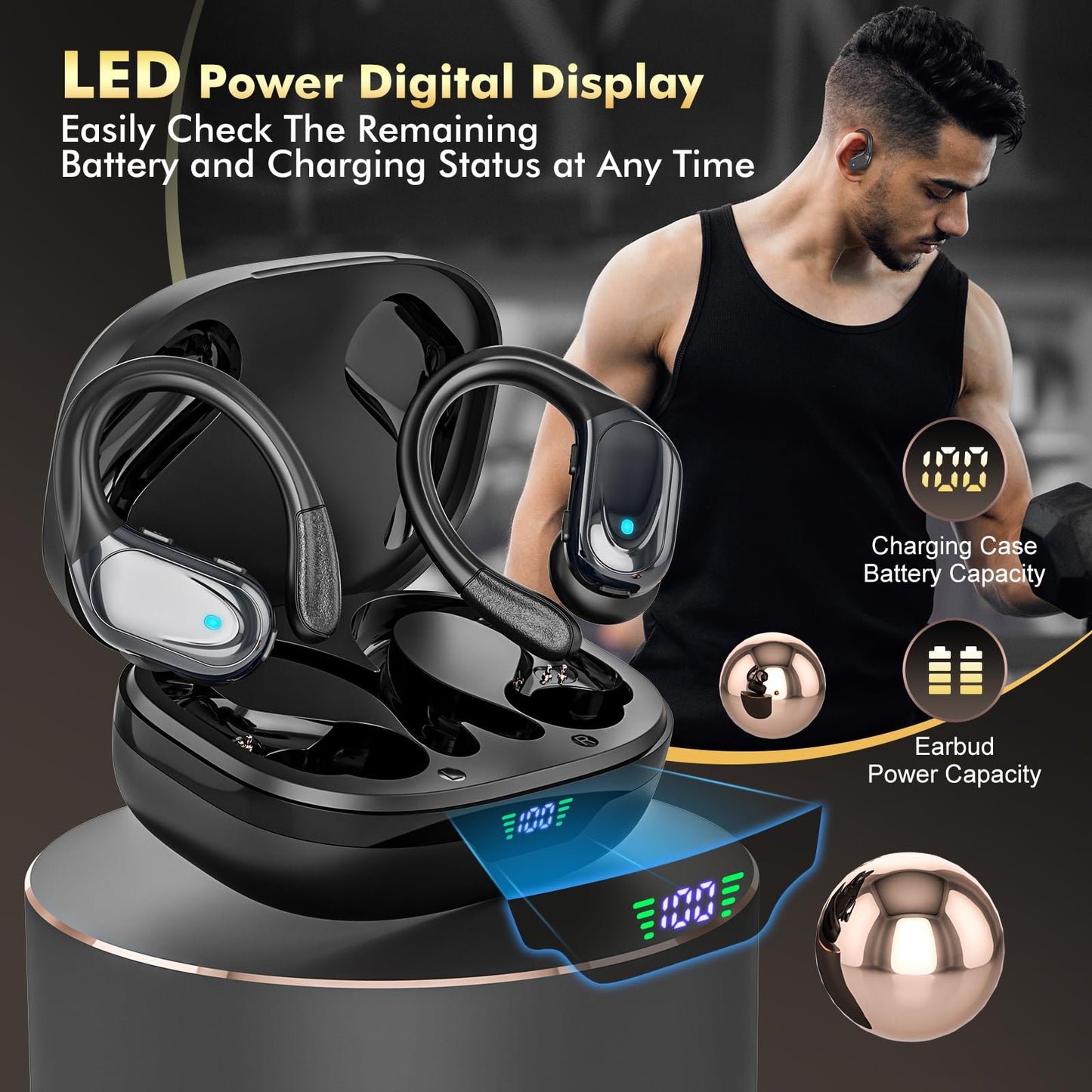 Wireless Earbuds, Sports Bluetooth Headphones, 80Hrs Playtime Ear Buds with LED Power Display, Noise Canceling Headset, IPX7 Waterproof Earphones for Workout/Running (Black)