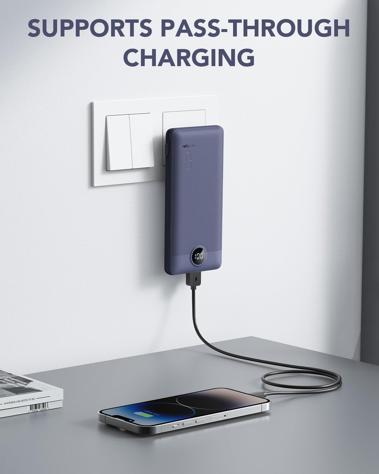 Portable Charger Built-in Cables and AC Wall Plug, VRURC USB C Power Bank 10000mAh, Travel Battery Portable Phone Charger Compact Lightweight External Battery Pack for SmartPhones,Tablets-Viva Magenta