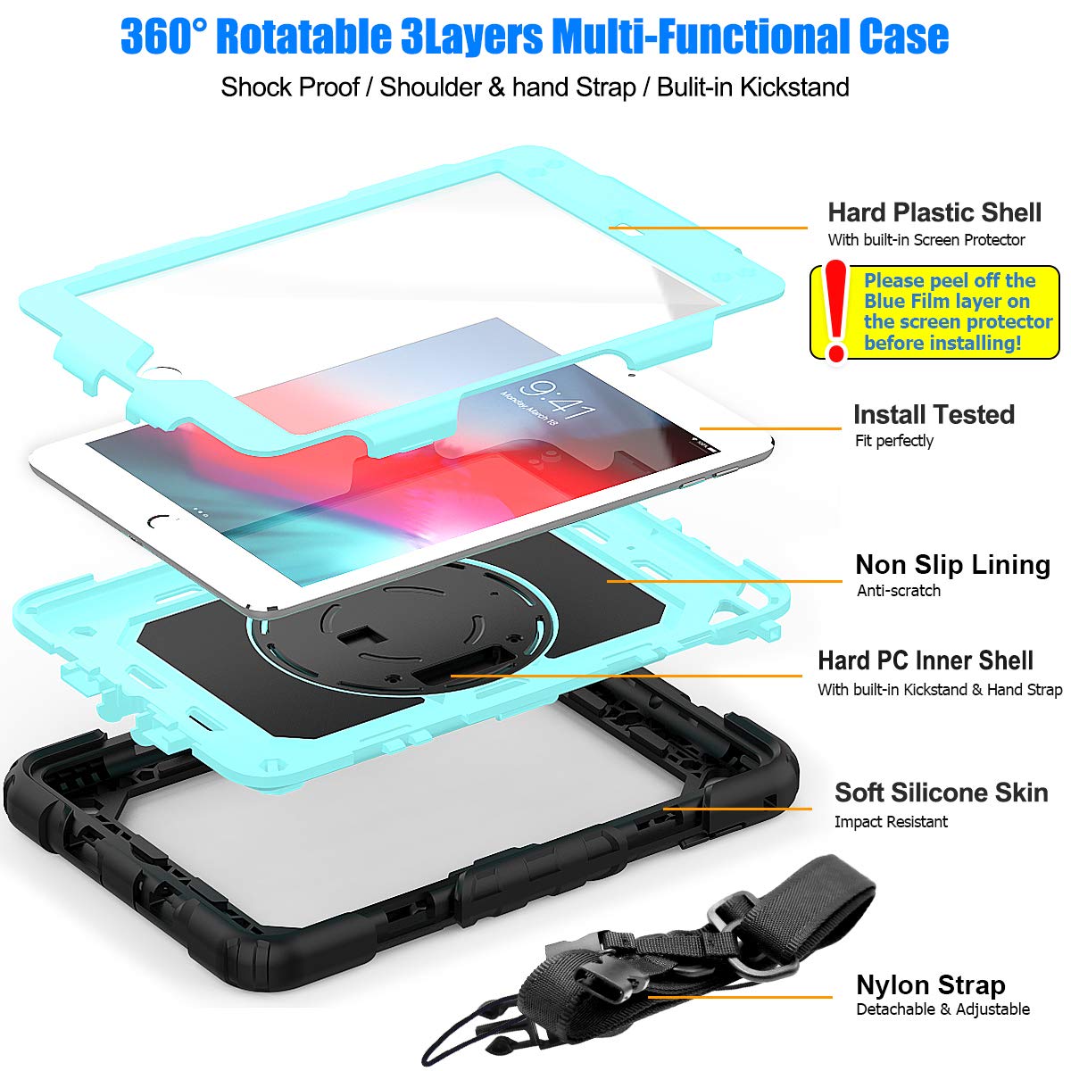 SEYMAC stock Case for iPad (A16) 11th/10th Generation 11''/10.9'' 2025/2022, Full-Body Drop Protection Case with Screen Protector &360° Rotate Hand Strap/Stand, Black
