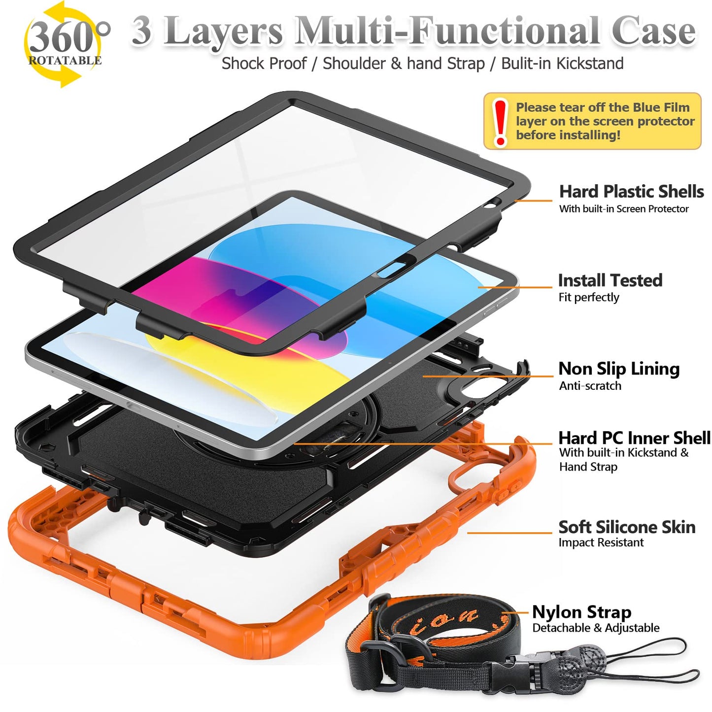SEYMAC stock Case for iPad (A16) 11th/10th Generation 11''/10.9'' 2025/2022, Full-Body Drop Protection Case with Screen Protector &360° Rotate Hand Strap/Stand, Black