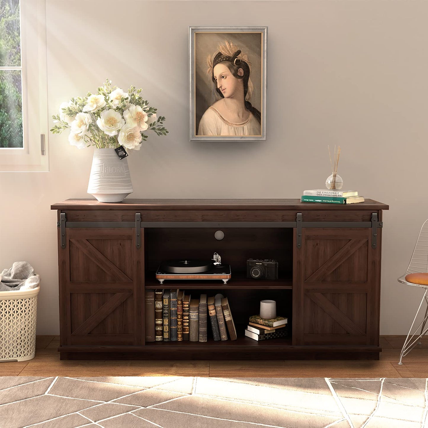 JUMMICO TV Stand for 65 Inch TV, Entertainment Center with Storage Cabinets and Sliding Barn Doors, Mid Century Modern Media TV Console Table for Living Room Bedroom (Rustic Oak)
