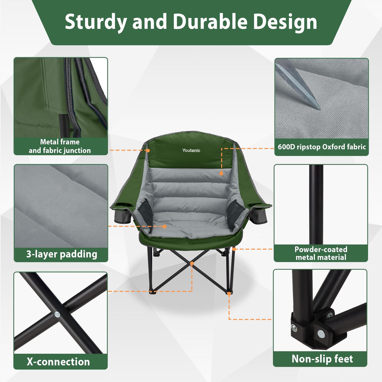 Oversized Camping Chair, Portable Folding Camping Chairs with Side Pocket, Cup Holder and Carry Bag, Heavy Duty Outdoor Camping Chairs for Adults, Fishing, Sports, Trip, up to 400lbs, Style 4