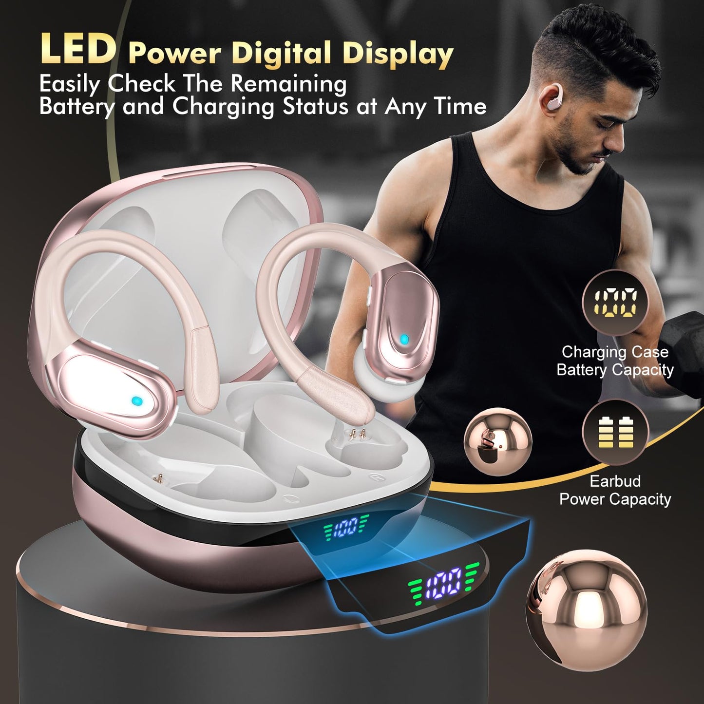 Wireless Earbuds, Sports Bluetooth Headphones, 80Hrs Playtime Ear Buds with LED Power Display, Noise Canceling Headset, IPX7 Waterproof Earphones for Workout/Running (Black)