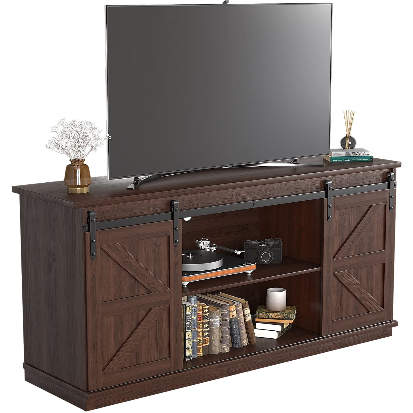 JUMMICO TV Stand for 65 Inch TV, Entertainment Center with Storage Cabinets and Sliding Barn Doors, Mid Century Modern Media TV Console Table for Living Room Bedroom (Rustic Oak)
