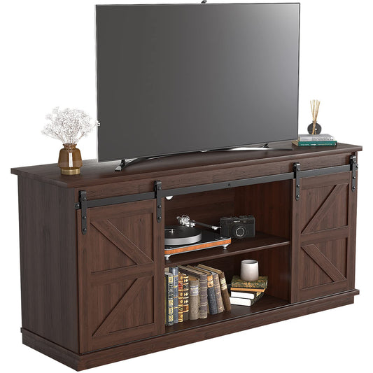 JUMMICO TV Stand for 65 Inch TV, Entertainment Center with Storage Cabinets and Sliding Barn Doors, Mid Century Modern Media TV Console Table for Living Room Bedroom (Rustic Oak)