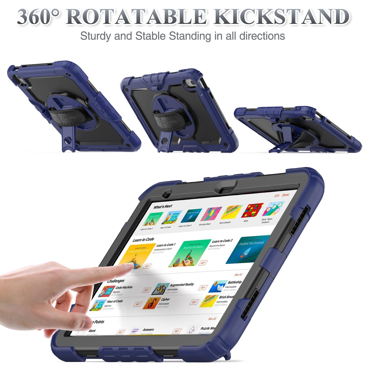 SEYMAC stock Case for iPad (A16) 11th/10th Generation 11''/10.9'' 2025/2022, Full-Body Drop Protection Case with Screen Protector &360° Rotate Hand Strap/Stand, Black