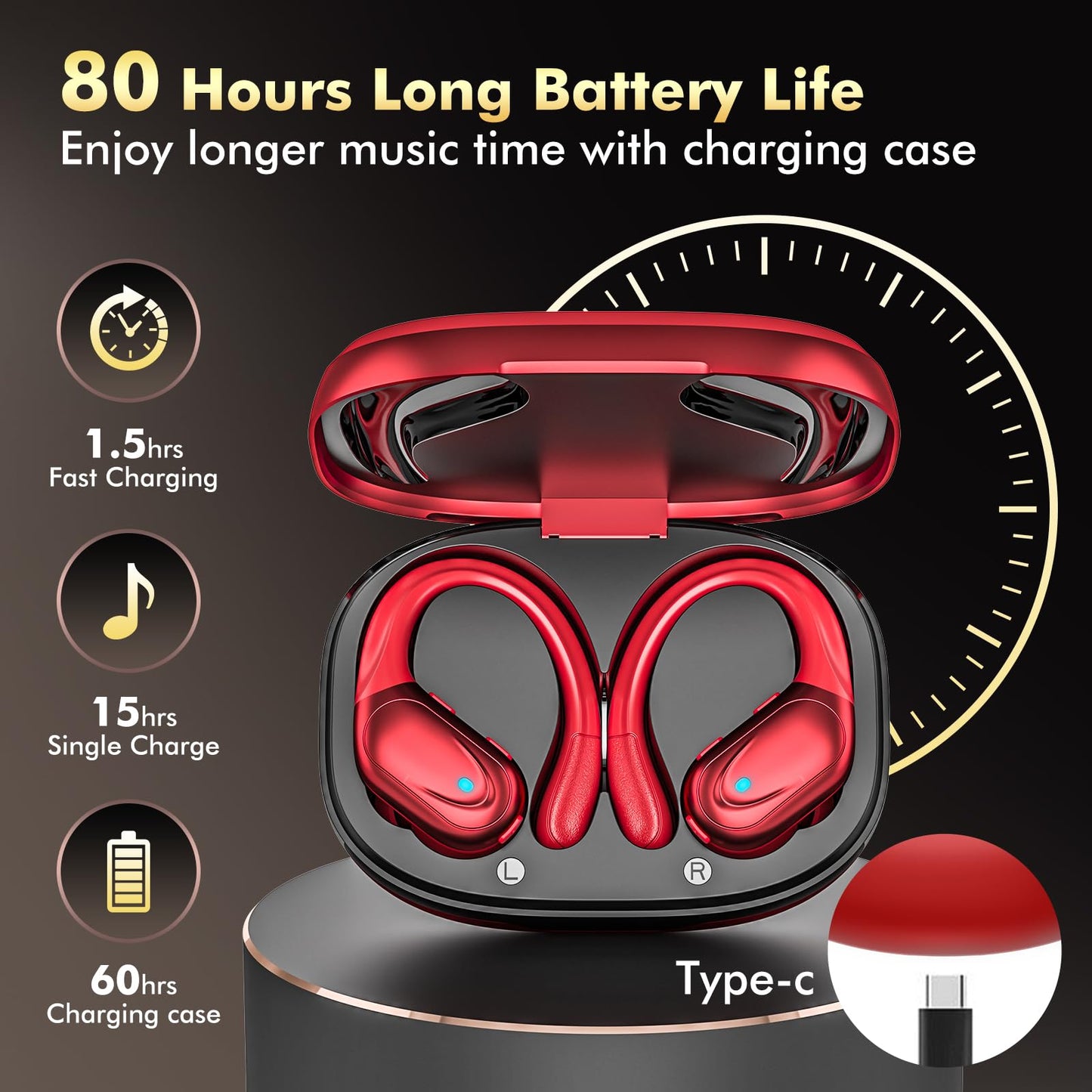Wireless Earbuds, Sports Bluetooth Headphones, 80Hrs Playtime Ear Buds with LED Power Display, Noise Canceling Headset, IPX7 Waterproof Earphones for Workout/Running (Black)