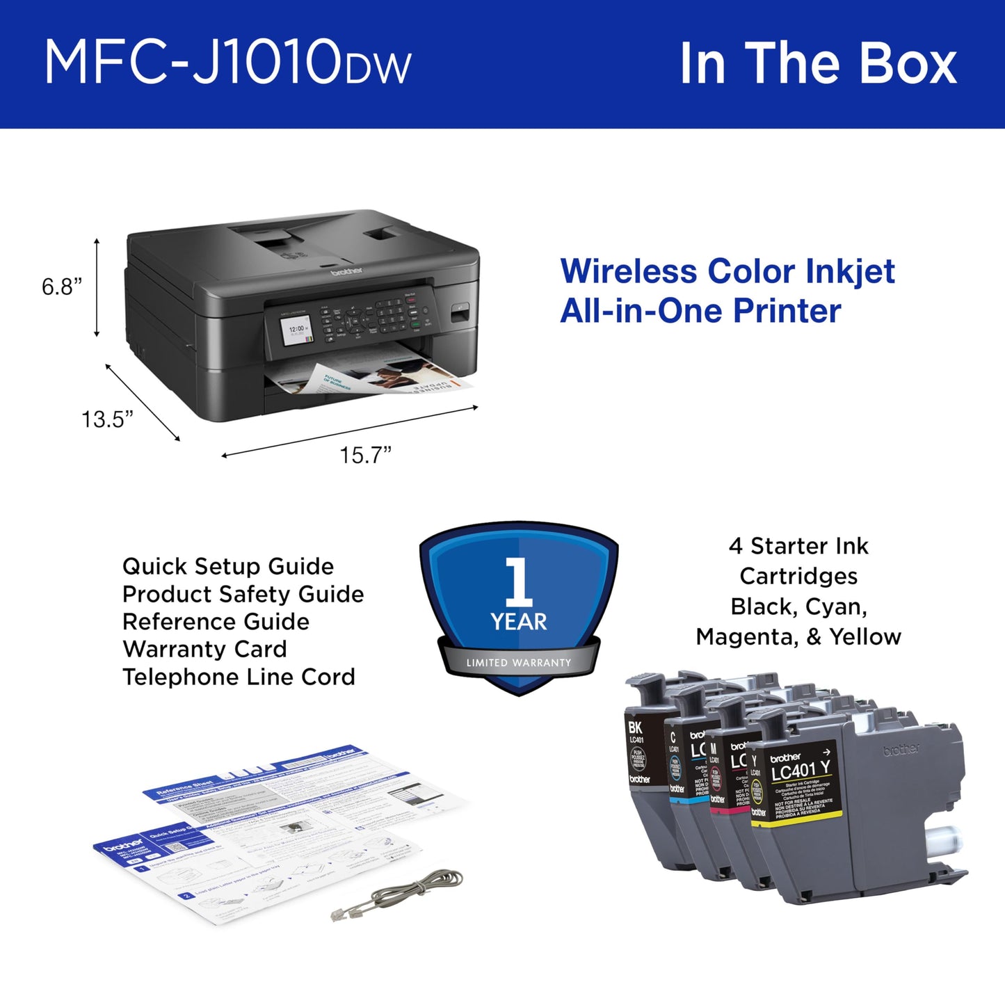 Brother Work Smart 1360 Wireless Color Inkjet All-in-One Printer with Automatic Duplex Printing and 1.8” Color Display | Includes Refresh Subscription Trial(1) (MFC-J1360DW) (Uses LC501 Series Inks)