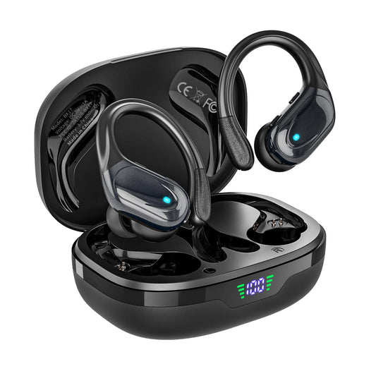 Wireless Earbuds, Sports Bluetooth Headphones, 80Hrs Playtime Ear Buds with LED Power Display, Noise Canceling Headset, IPX7 Waterproof Earphones for Workout/Running (Black)