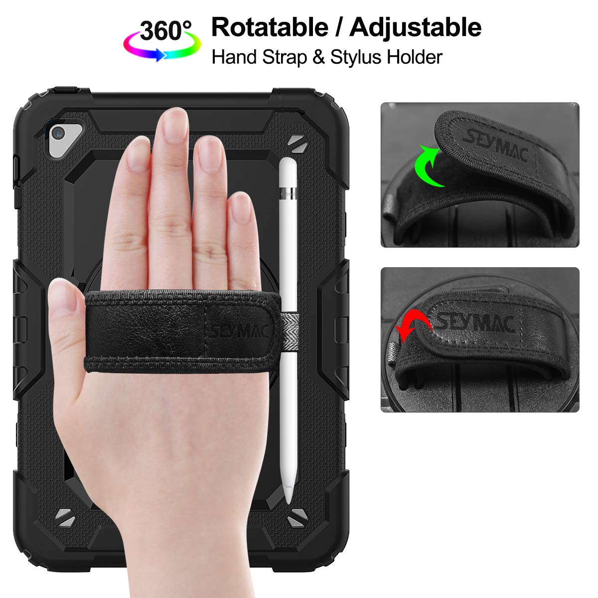 SEYMAC stock Case for iPad (A16) 11th/10th Generation 11''/10.9'' 2025/2022, Full-Body Drop Protection Case with Screen Protector &360° Rotate Hand Strap/Stand, Black