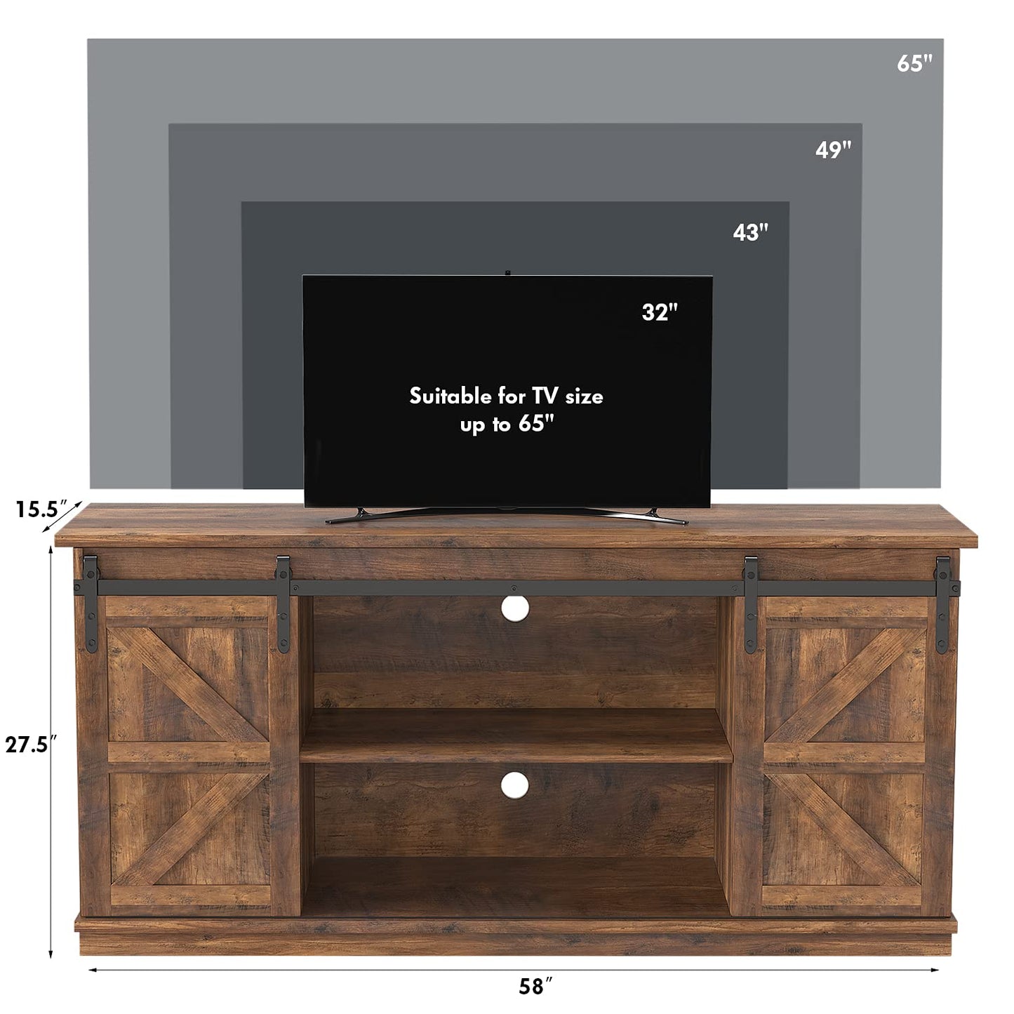 JUMMICO TV Stand for 65 Inch TV, Entertainment Center with Storage Cabinets and Sliding Barn Doors, Mid Century Modern Media TV Console Table for Living Room Bedroom (Rustic Oak)