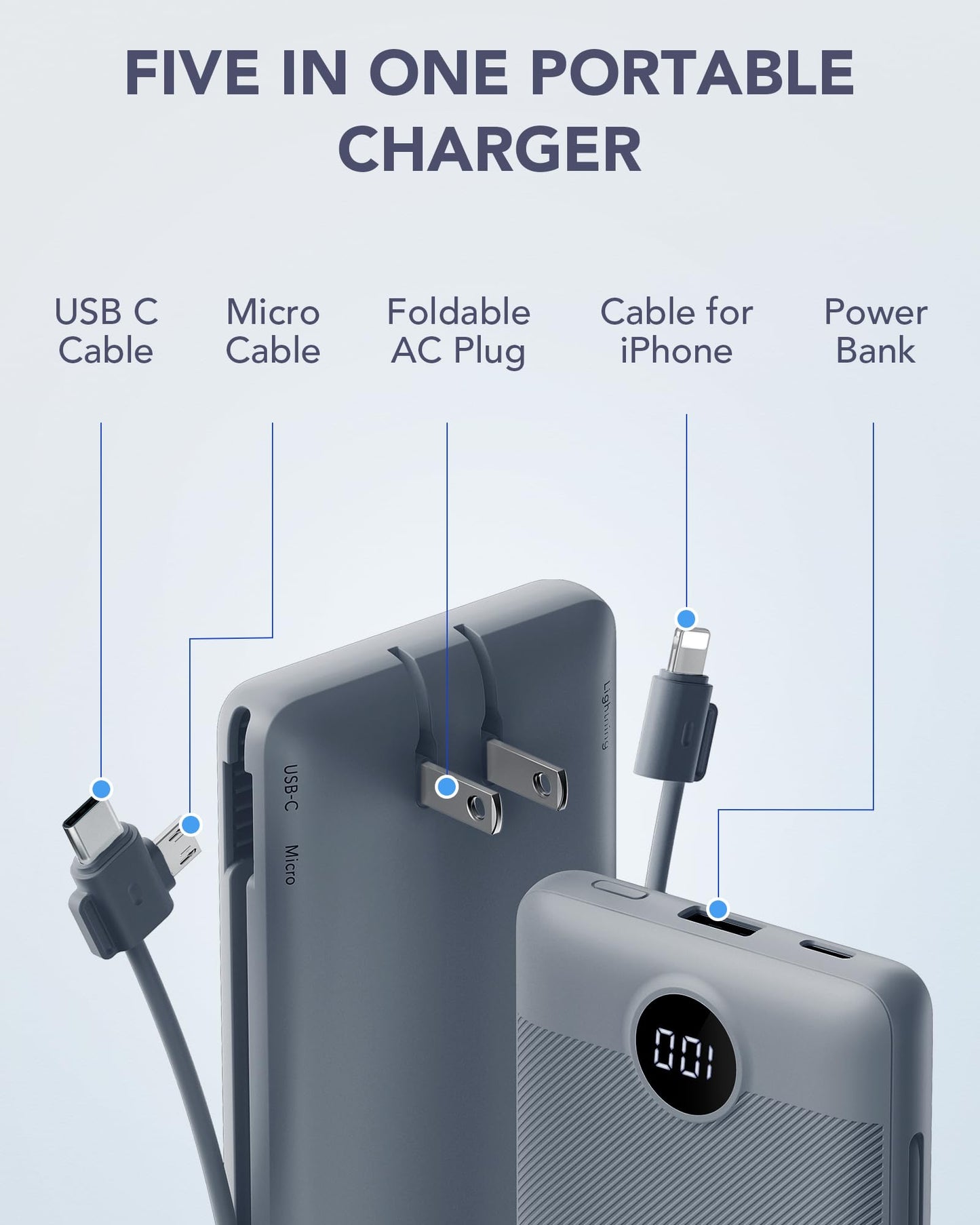 Portable Charger Built-in Cables and AC Wall Plug, VRURC USB C Power Bank 10000mAh, Travel Battery Portable Phone Charger Compact Lightweight External Battery Pack for SmartPhones,Tablets-Viva Magenta