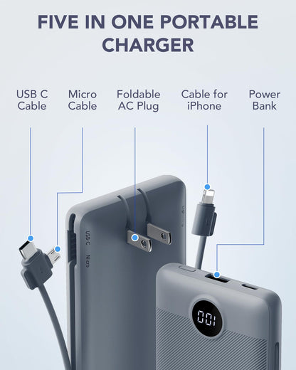 Portable Charger Built-in Cables and AC Wall Plug, VRURC USB C Power Bank 10000mAh, Travel Battery Portable Phone Charger Compact Lightweight External Battery Pack for SmartPhones,Tablets-Viva Magenta