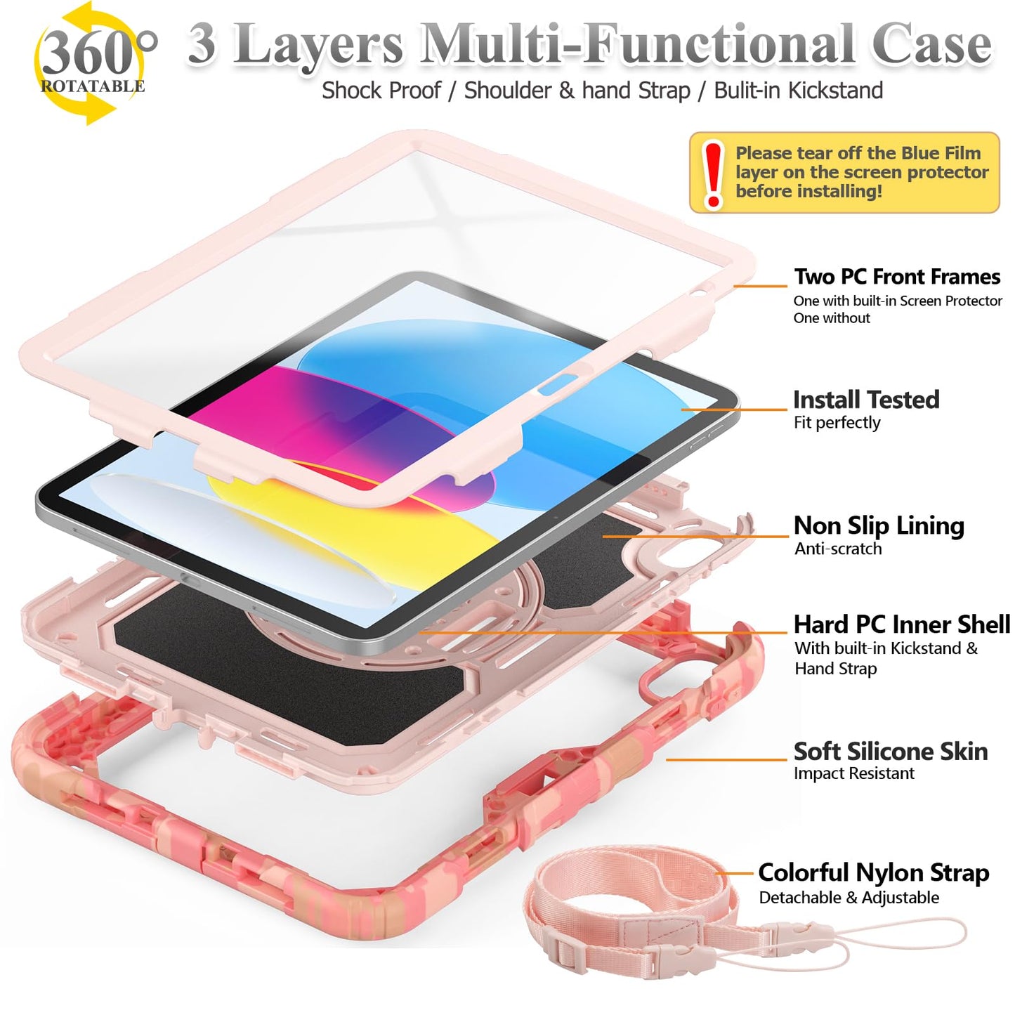 SEYMAC stock Case for iPad (A16) 11th/10th Generation 11''/10.9'' 2025/2022, Full-Body Drop Protection Case with Screen Protector &360° Rotate Hand Strap/Stand, Black