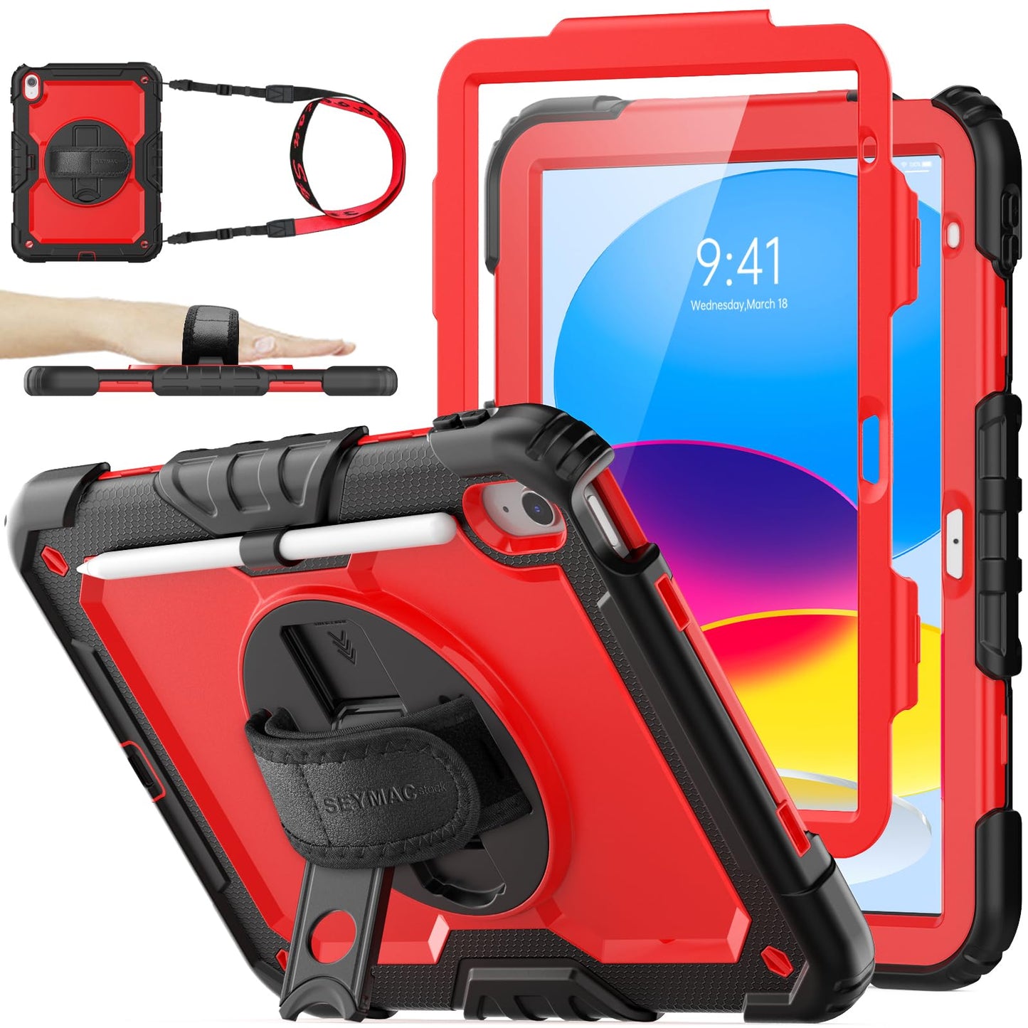 SEYMAC stock Case for iPad (A16) 11th/10th Generation 11''/10.9'' 2025/2022, Full-Body Drop Protection Case with Screen Protector &360° Rotate Hand Strap/Stand, Black