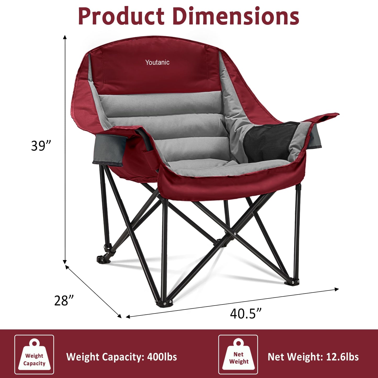 Oversized Camping Chair, Portable Folding Camping Chairs with Side Pocket, Cup Holder and Carry Bag, Heavy Duty Outdoor Camping Chairs for Adults, Fishing, Sports, Trip, up to 400lbs, Style 4