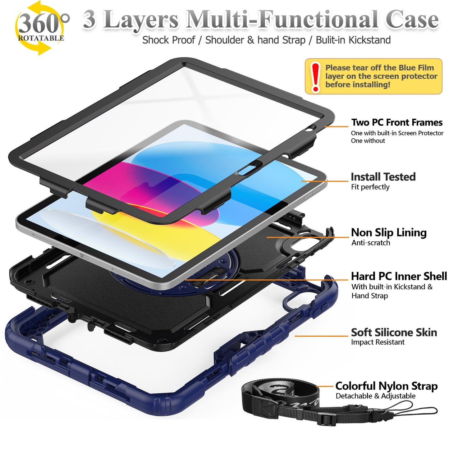 SEYMAC stock Case for iPad (A16) 11th/10th Generation 11''/10.9'' 2025/2022, Full-Body Drop Protection Case with Screen Protector &360° Rotate Hand Strap/Stand, Black
