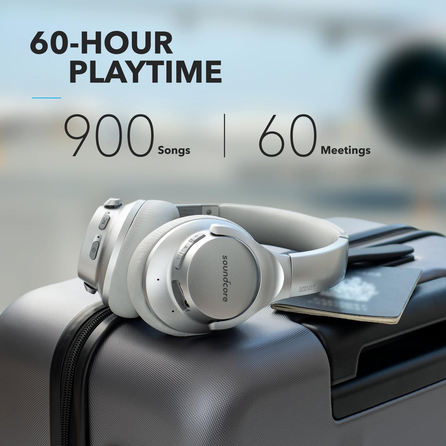 Soundcore Anker Life Q20 Hybrid Active Noise Cancelling Headphones, Wireless Over Ear Bluetooth Headphones, 60H Playtime, Hi-Res Audio, Deep Bass, Foam Ear Cups, Travel, Office, USB-C Charging