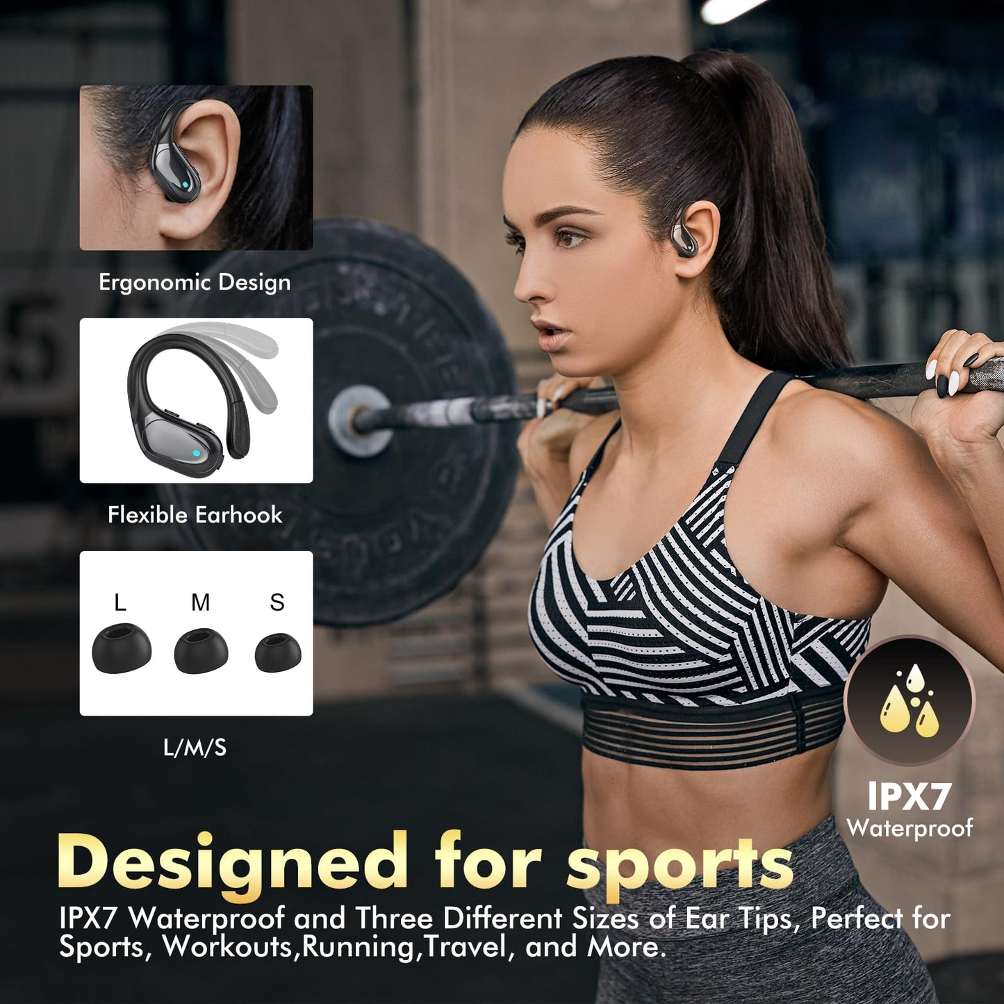 Wireless Earbuds, Sports Bluetooth Headphones, 80Hrs Playtime Ear Buds with LED Power Display, Noise Canceling Headset, IPX7 Waterproof Earphones for Workout/Running (Black)