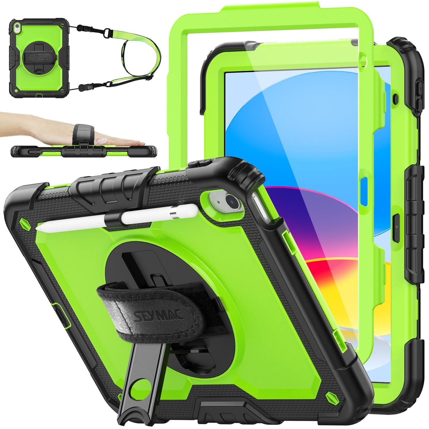 SEYMAC stock Case for iPad (A16) 11th/10th Generation 11''/10.9'' 2025/2022, Full-Body Drop Protection Case with Screen Protector &360° Rotate Hand Strap/Stand, Black